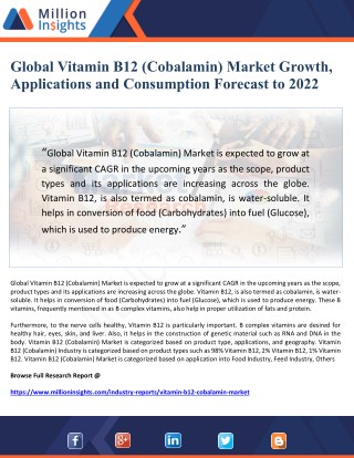 Global Vitamin B12 (Cobalamin) Market Growth, Applications and Consumption Forecast to 2022