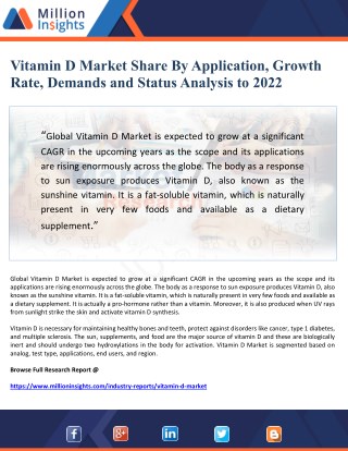 Vitamin D Market Share By Application, Growth Rate, Demands and Status Analysis to 2022