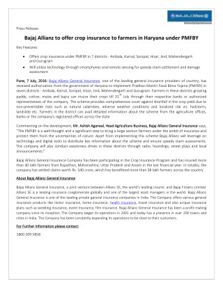 Crop Insurance to Farmers in Haryana under PMFBY by Bajaj Allianz