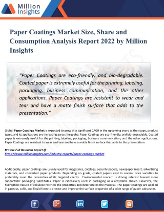 Paper Coatings Market Key Players, Industry Overview, Supply and Consumption Demand Analysis to 2022