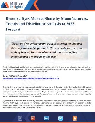 Reactive Dyes Market Outlook 2022: Market Trends, Segmentation, Market Growth And Competitive Landscape