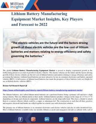 Lithium Battery Manufacturing Equipment Market Insights, Key Players and Forecast to 2022