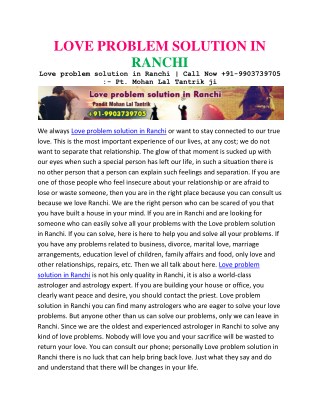 Love problem solution in Ranchi | Call Now 91-9903739705 :- Pt. Mohan Lal Tantrik ji