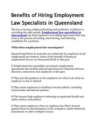 Benefits of Hiring Employment Law Specialists in Queensland