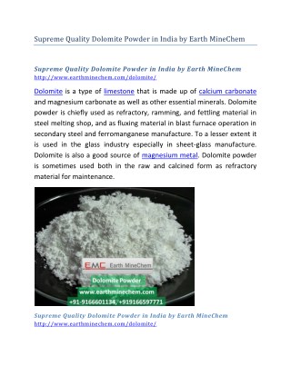 Supreme Quality Dolomite Powder in India by Earth MineChem