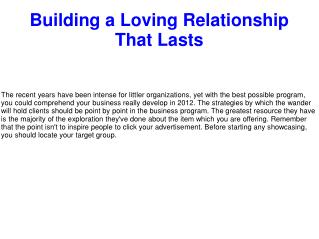 Building a Loving Relationship That Lasts