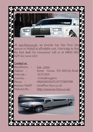 Limo Hire Services in Walsall at Affordable Cost