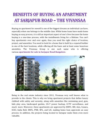 Benefits Of Buying An Apartment At Sarjapur Road - The Vivansaa