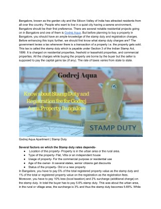 Godrej Aqua - Stamp Duty Rates on Bangalore Property