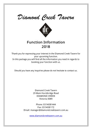 Diamond Creek Tavern - Function Information 2018