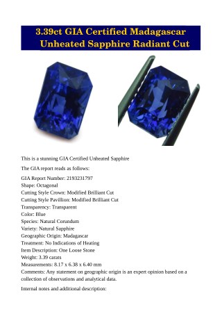 3.39ct GIA Certified Madagascar Unheated Sapphire Radiant Cut