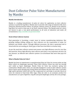 Dust Collector Pulse Valve Manufactured by Maniks