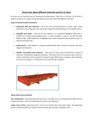 Know more about different materials used for air ducts