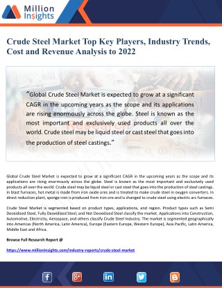 Crude Steel Market Top Key Players, Industry Trends, Cost and Revenue Analysis to 2022