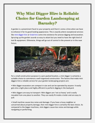 Why Mini Digger Hire is Reliable Choice for Garden Landscaping at Barnsley?