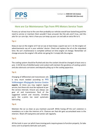 Here are Car Maintenance Tips from PPS Motors Service Team