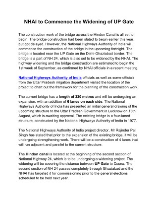 NHAI to Commence the Widening of UP Gate