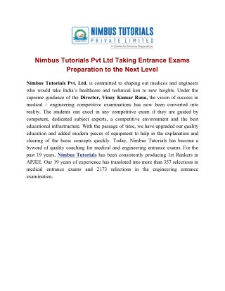 Nimbus Tutorials Pvt Ltd Taking Entrance Exams Preparation to the Next Level