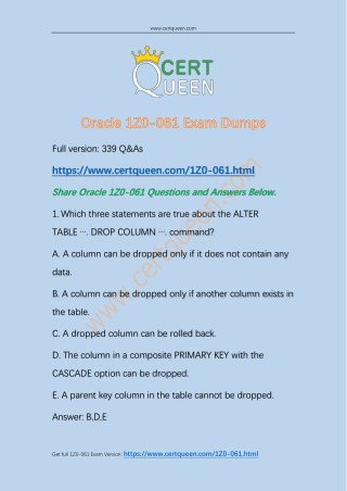 2018 CertQueen Oracle 1Z0-061 Exam Dumps