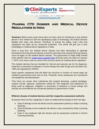 Pharma CTD Dossier and Medical Device Regulations in India