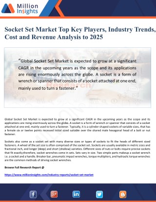 Socket Set Market Top Key Players, Industry Trends, Cost and Revenue Analysis to 2025