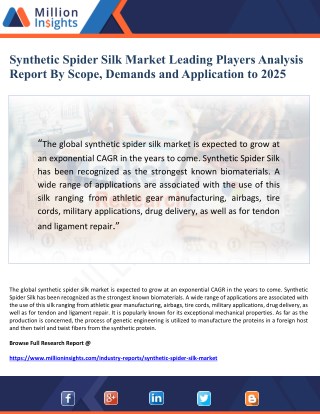 Synthetic Spider Silk Market Leading Players Analysis Report By Scope, Demands and Application to 2025