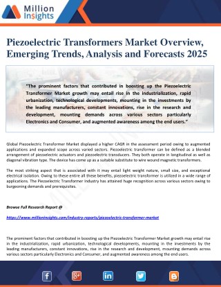 Piezoelectric Transformers Market Overview, Emerging Trends, Analysis and Forecasts 2025