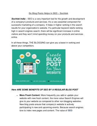 Do Blog Posts Helps in SEO â€“ Sochtek SEO Company Chandigarh