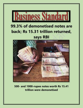 99.3% of Demonetised Notes Are Back; Rs 15.31 Trillion Returned, Says RBI