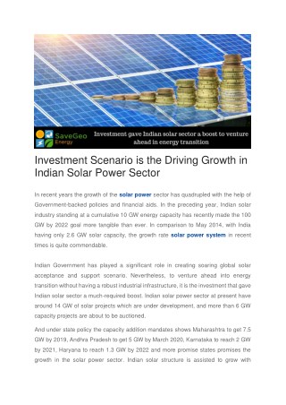 Investment Scenario is the Driving Growth in Indian Solar Power Sector