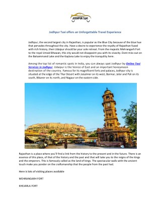 Jodhpur Taxi offers an Unforgettable Travel Experience