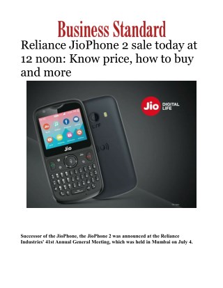 Reliance JioPhone 2 sale today at 12 noon: Know price, how to buy and more