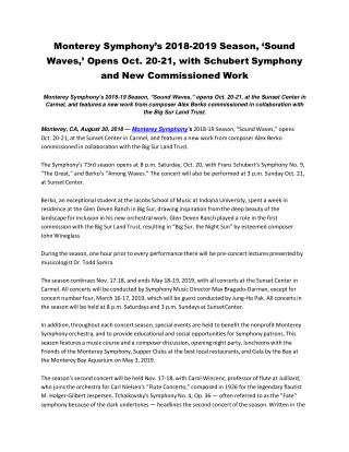 Monterey Symphonyâ€™s 2018-2019 Season, â€˜Sound Waves,â€™ Opens Oct. 20-21, with Schubert Symphony and New Commissioned