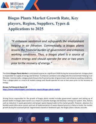 Biogas Plants Market Segmented by Material, Type, End-User Industry and Geography â€“ Trends and Forecasts 2025