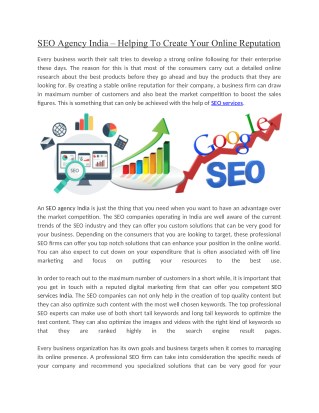 SEO Agency India â€“ Helping To Create Your Online Reputation
