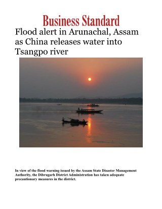 Flood alert in Arunachal, Assam as China releases water into Tsangpo river