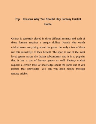 Top 5 Reasons Why You Should Play Fantasy Cricket Game