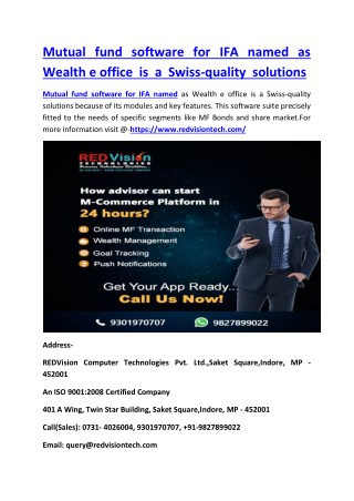 Mutual fund software for IFA named as Wealth e office is a Swiss-quality solutions