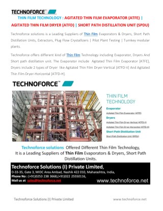 THIN FILM TECHNOLOGY : AGITATED THIN FILM EVAPORATOR (ATFE) | AGITATED THIN FILM DRYER (ATFD) | SHORT PATH DISTILLATION