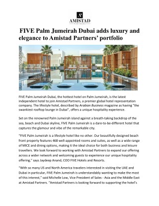 FIVE Palm Jumeirah Dubai adds luxury and elegance to Amistad Partnersâ€™ portfolio
