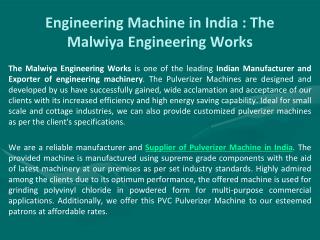 Engineering Machine in India : The Malwiya Engineering Works