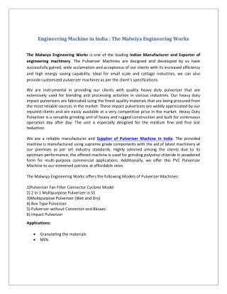 Engineering Machine in India : The Malwiya Engineering Works