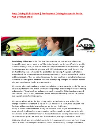 Best Auto Driving Lessons School Perth - ADS Driving School
