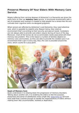 Preserve Memory Of Your Elders With Memory Care Service