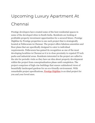 Prestige Highline Apartment | Upcoming Real Estate Project Chennai | prestigehighline.houseey.com