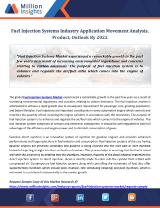 Fuel Injection Systems Industry Application Movement Analysis, Product, Outlook By 2022