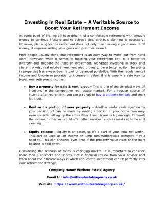 Investing in Real Estate â€“ A Veritable Source to Boost Your Retirement Income