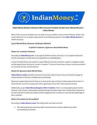 Indian Money Review of Reasons Why Insurance Providers Do Not Cover Mental Illnesses â€“ Indian Money