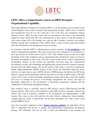 LBTC offers a comprehensive course on HRM Strategies â€“ Organizational Capability