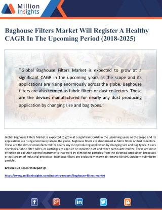 Baghouse Filters Market Will Register A Healthy CAGR In The Upcoming Period 2018-2025